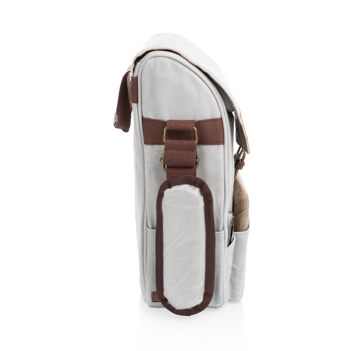 Cream insulated wine tote with brown webbing straps, front buckle closure, and bottom bottle holder for two bottles