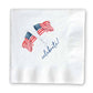 White cocktail napkin featuring two waving American flags and "celebrate!" text in navy cursive lettering