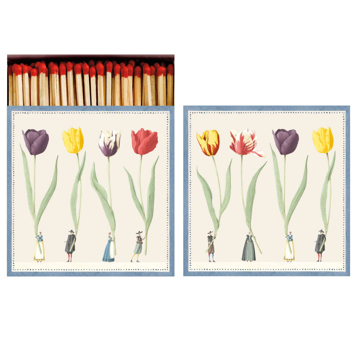 Box of wooden matches with red tips next to illustrated cards showing colorful tulips in purple, yellow and red held by miniature figures, Hester & Cook design by Laura Stoddart.