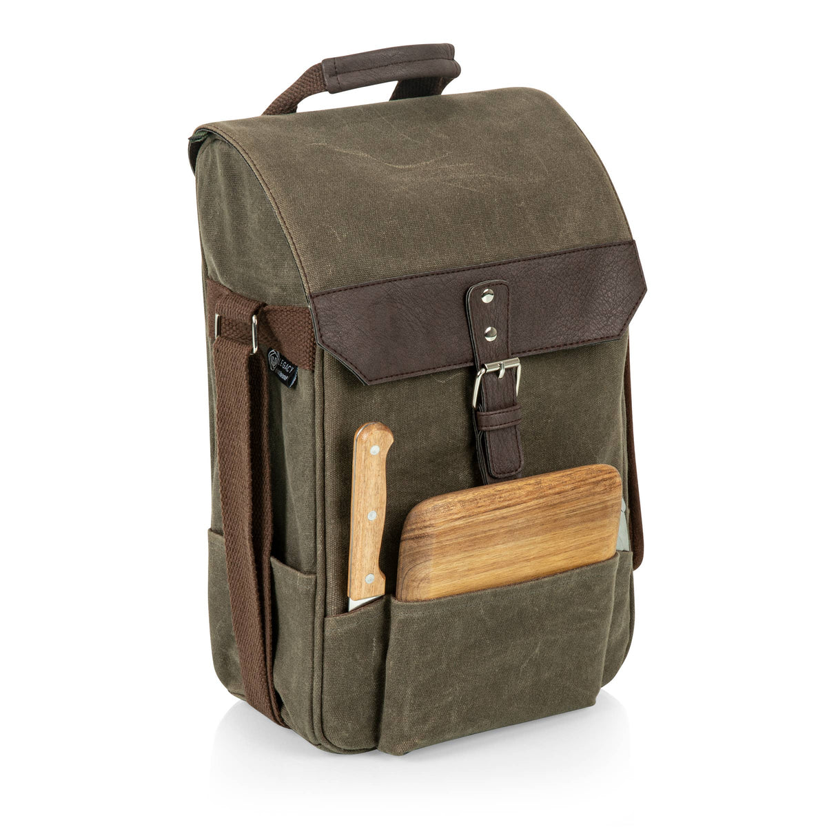 Olive canvas wine cooler backpack with dark brown leather accents, displaying wooden cheese board and serving knife in front pocket.