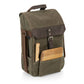 Olive canvas wine cooler backpack with dark brown leather accents, displaying wooden cheese board and serving knife in front pocket.