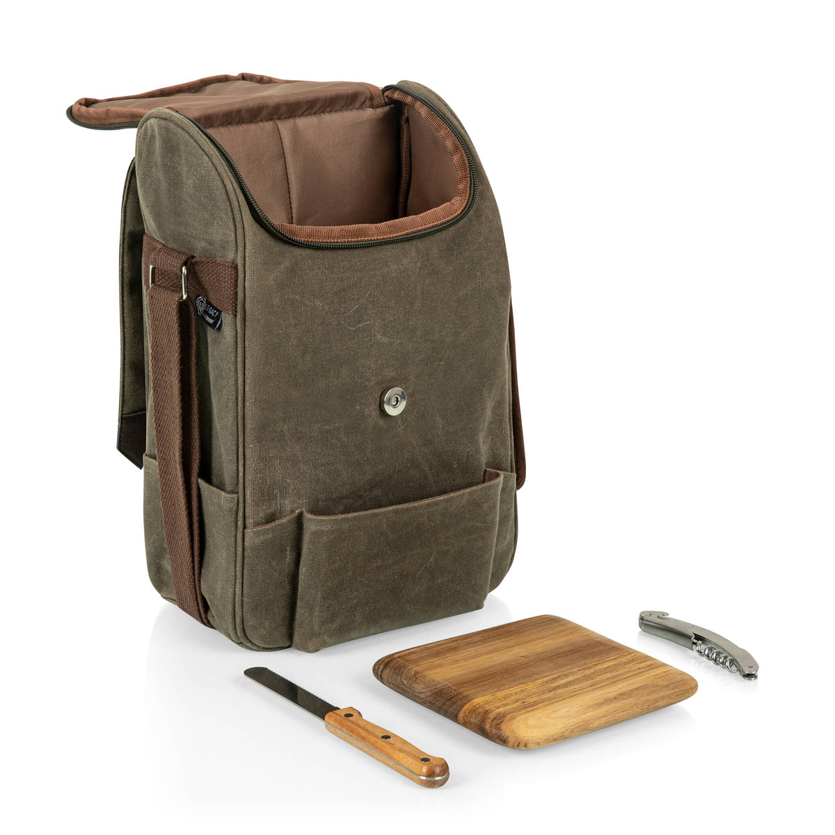 Olive-canvas insulated wine tote with brown leather trim, open to show interior, displayed with included cheese board, knife, and corkscrew.