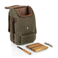 Olive-canvas insulated wine tote with brown leather trim, open to show interior, displayed with included cheese board, knife, and corkscrew.
