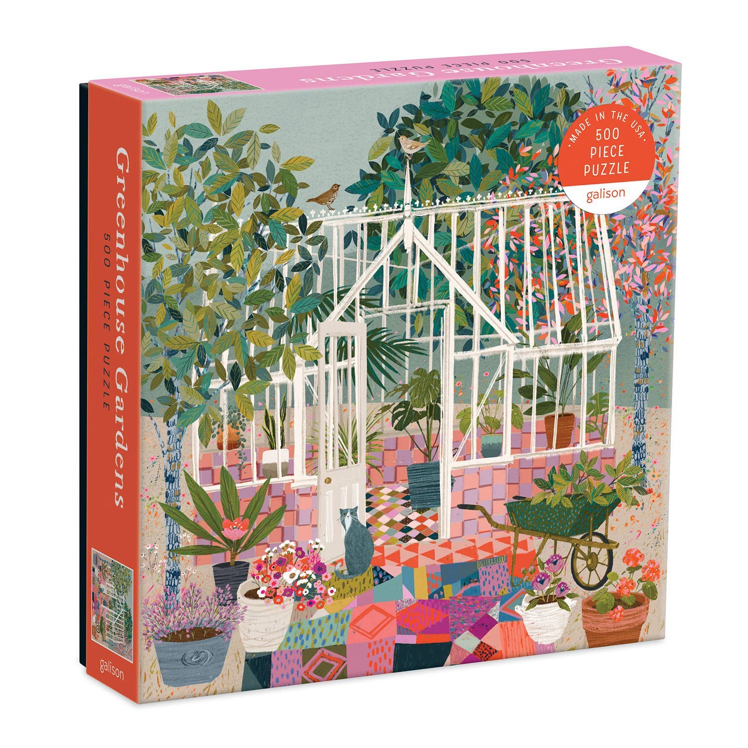 White greenhouse with hanging plants, pink seating, and colorful patterned garden tools on illustrated puzzle box
