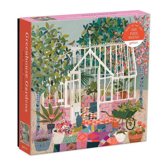White greenhouse with hanging plants, pink seating, and colorful patterned garden tools on illustrated puzzle box