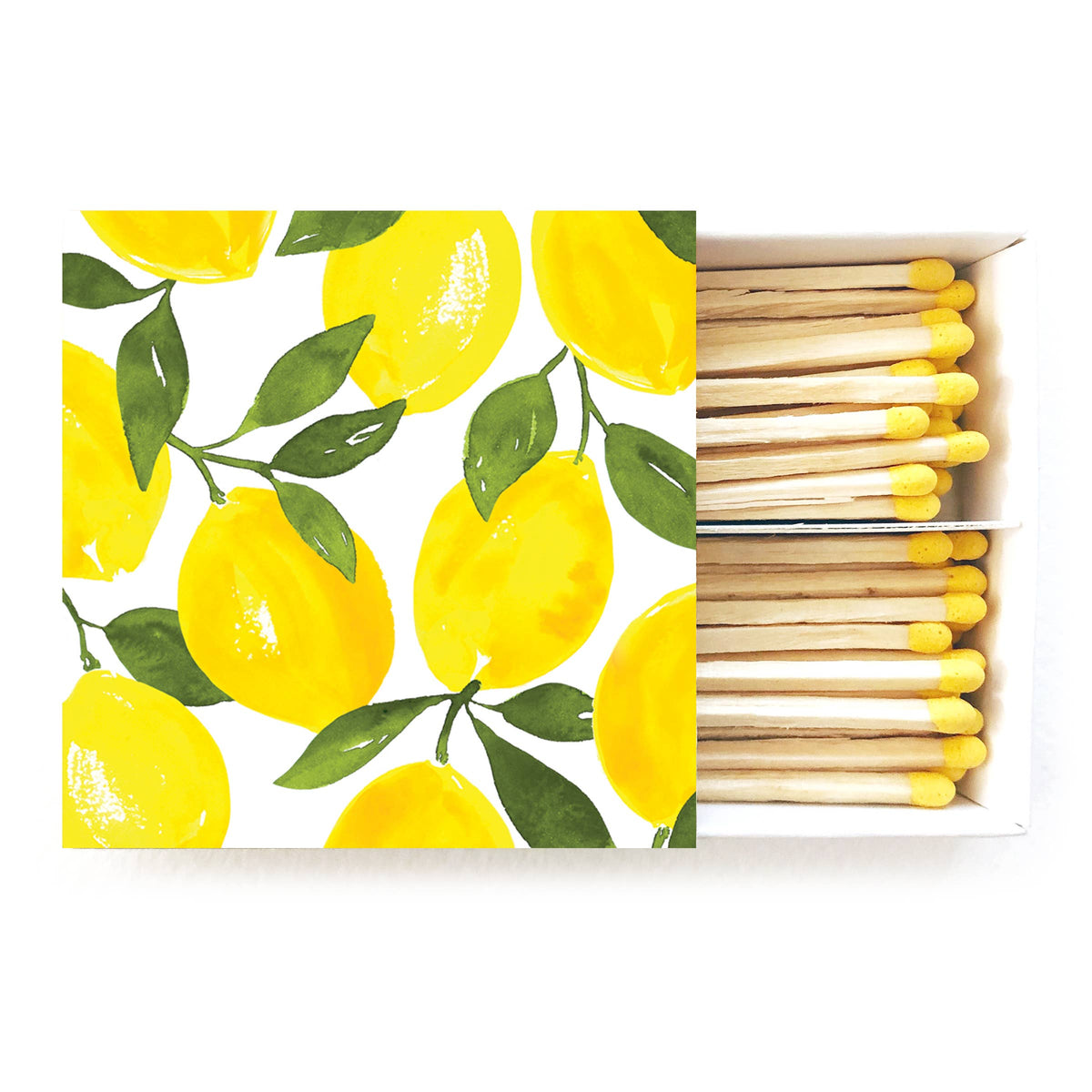 Open matchbox with watercolor lemon and leaf design displaying 70 safety matches with yellow tips and black striker