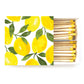Open matchbox with watercolor lemon and leaf design displaying 70 safety matches with yellow tips and black striker