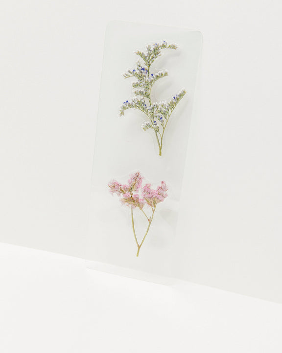 Two pressed flowers on cream bookmark—purple delicate blooms on thin stem above pink clustered flowers, botanical illustration style