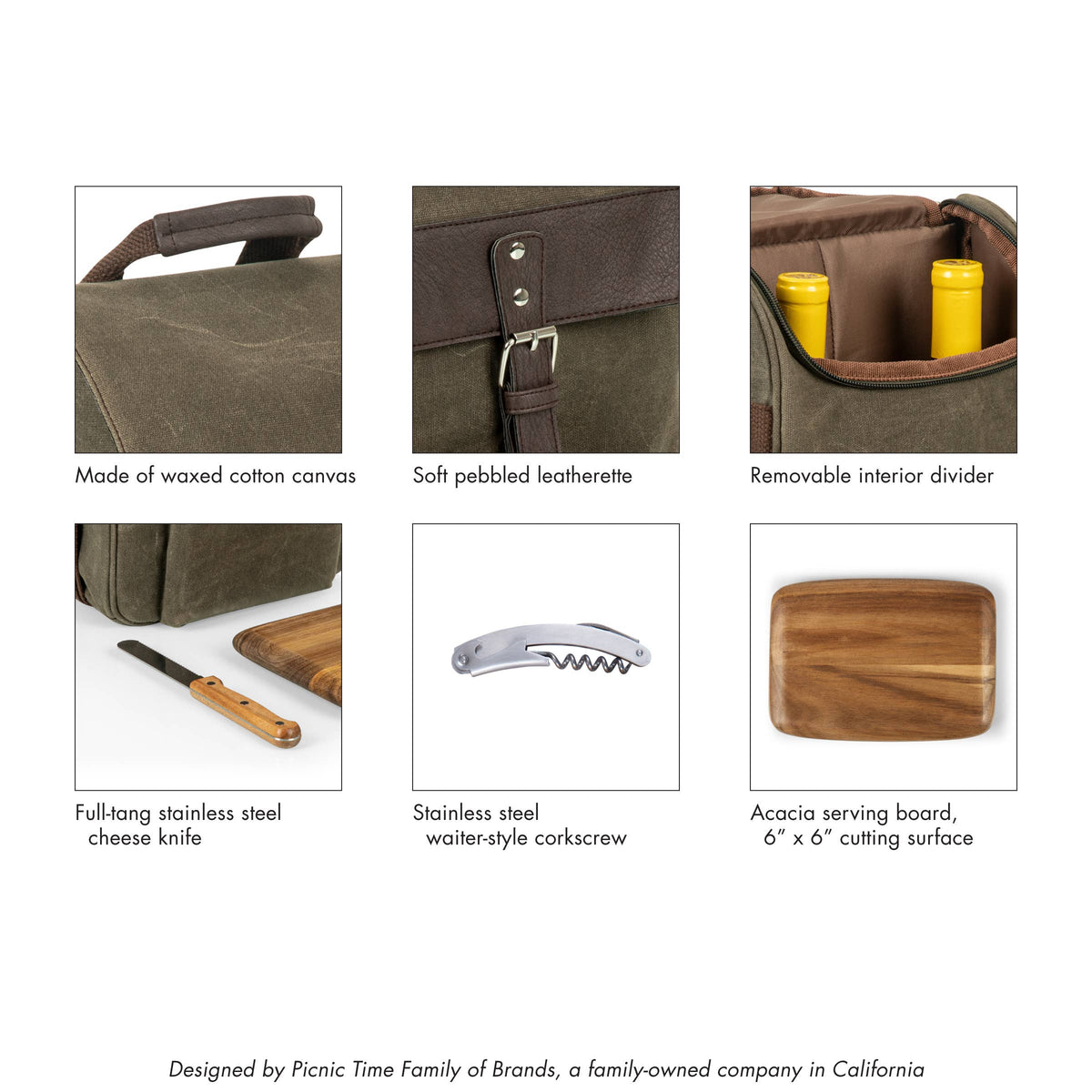 Waxed canvas wine tote with leather accents, removable divider, and included stainless steel corkscrew, cheese knife, and acacia wood serving board