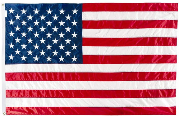 Fabric American flag featuring blue canton with white stars and red and white horizontal stripes.