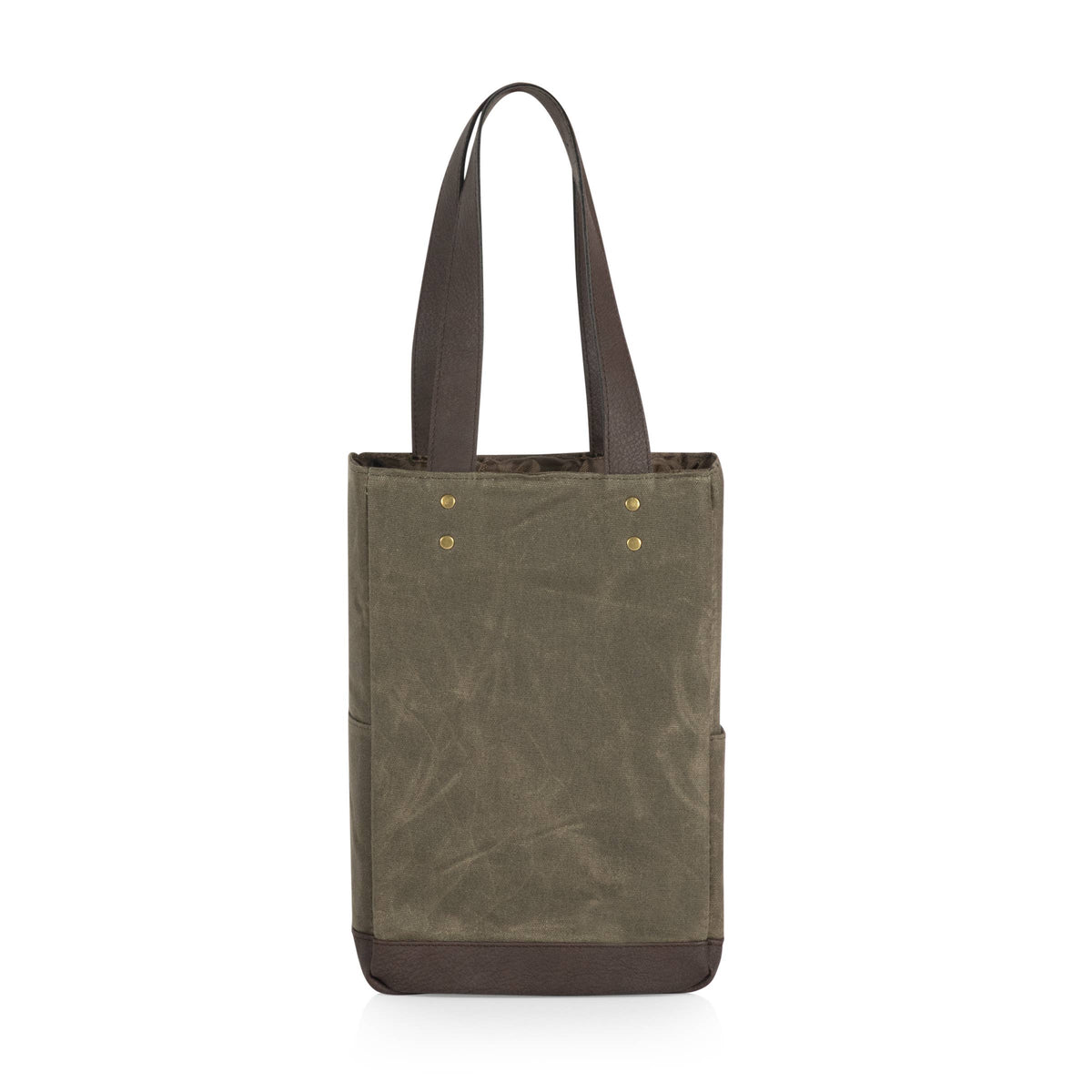 Olive canvas and charcoal insulated wine tote with dual handles and brass eyelets