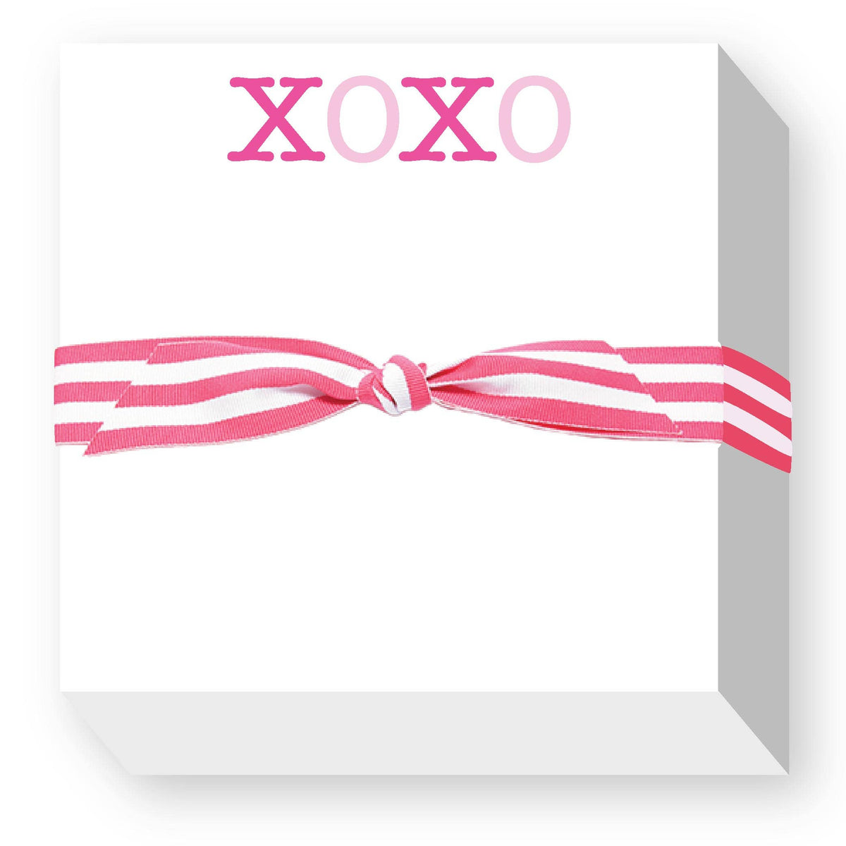 Pink and white notepad with "XOXO" text in hot pink and pale pink lettering, tied with a striped pink and white grosgrain ribbon bow
