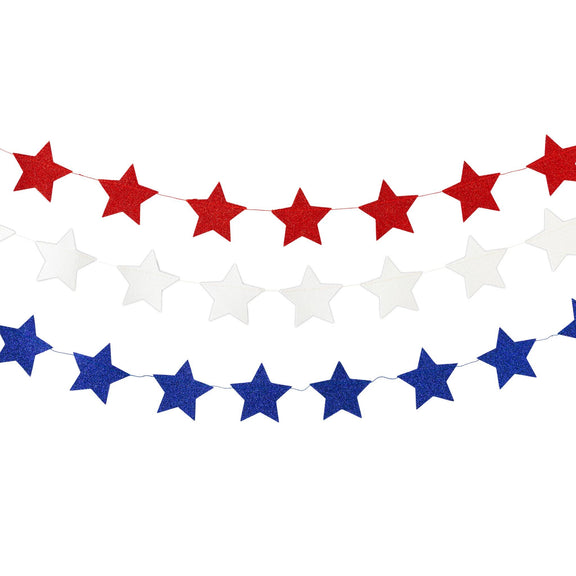 Three strands of glitter star banners in red, white, and blue connected by twine.