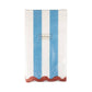 Blue and cream striped dinner napkins with red wavy scalloped edge and My Mind's Eye branding label