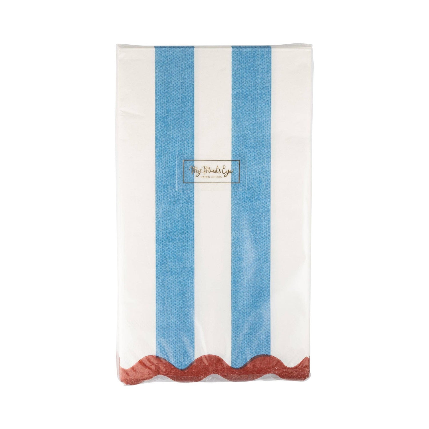 Blue and cream striped dinner napkins with red wavy scalloped edge and My Mind's Eye branding label