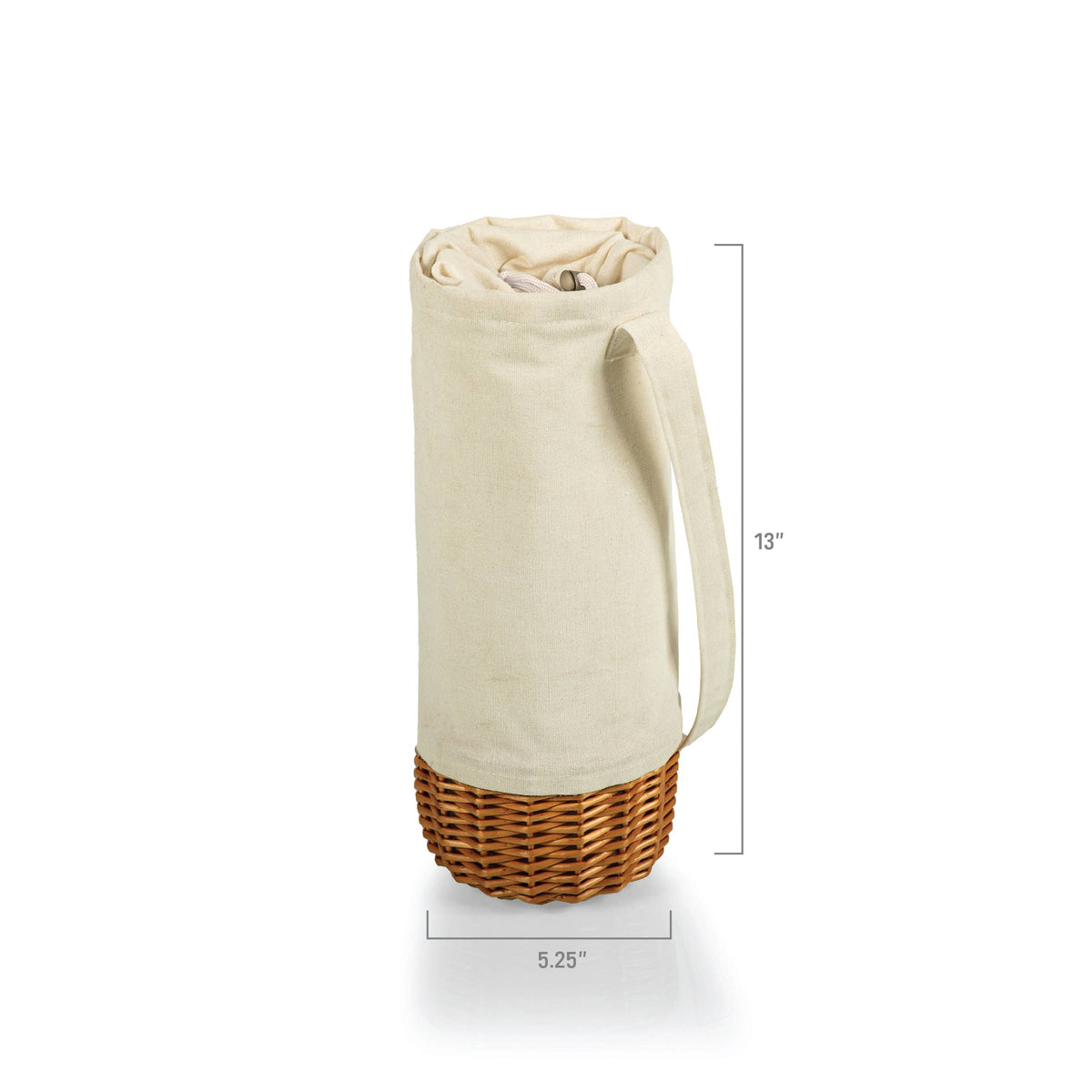 Cream canvas wine tote with wicker base and double handles