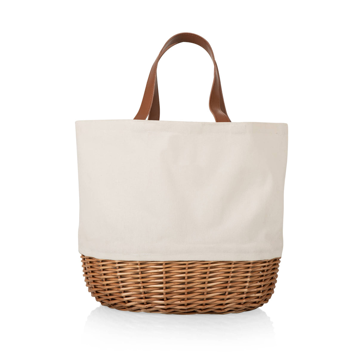 Cream canvas and woven wicker picnic basket tote with brown leather handles