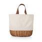 Cream canvas and woven wicker picnic basket tote with brown leather handles