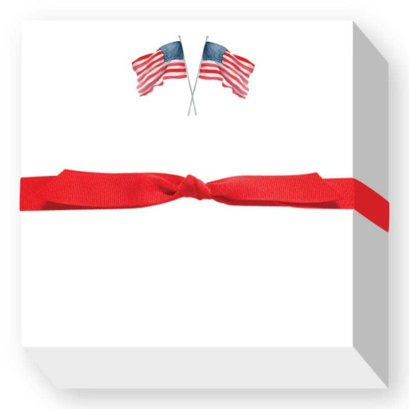 White square notepad with red ribbon bow and twin American flags graphic, 5.5x5.5 inch novelty stationery