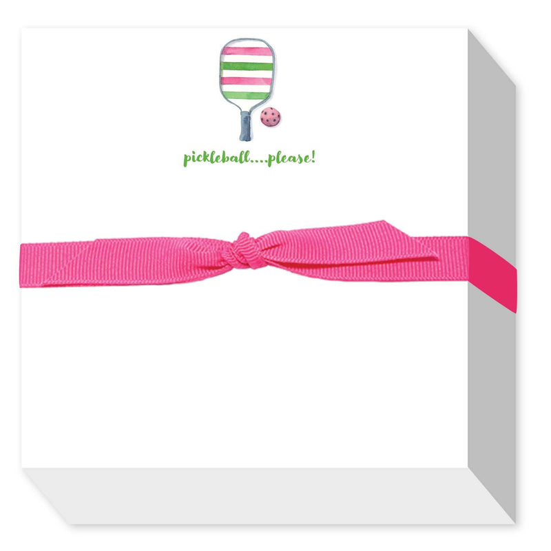 Pink and white notepad with striped pickleball paddle graphic, ball, and "pickleball....please!" text, tied with bright pink ribbon bow