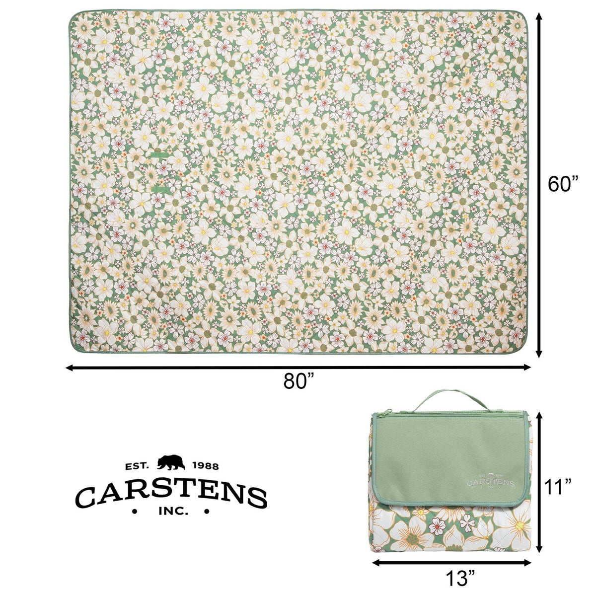 Cream picnic blanket with white daisy and green leaf pattern, 80 x 60 inches, shown unfolded and folded with green waterproof backing visible.