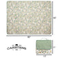 Cream picnic blanket with white daisy and green leaf pattern, 80 x 60 inches, shown unfolded and folded with green waterproof backing visible.