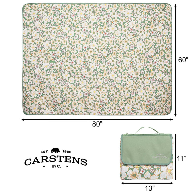 Cream picnic blanket with white daisy and green leaf pattern, 80 x 60 inches, shown unfolded and folded with green waterproof backing visible.