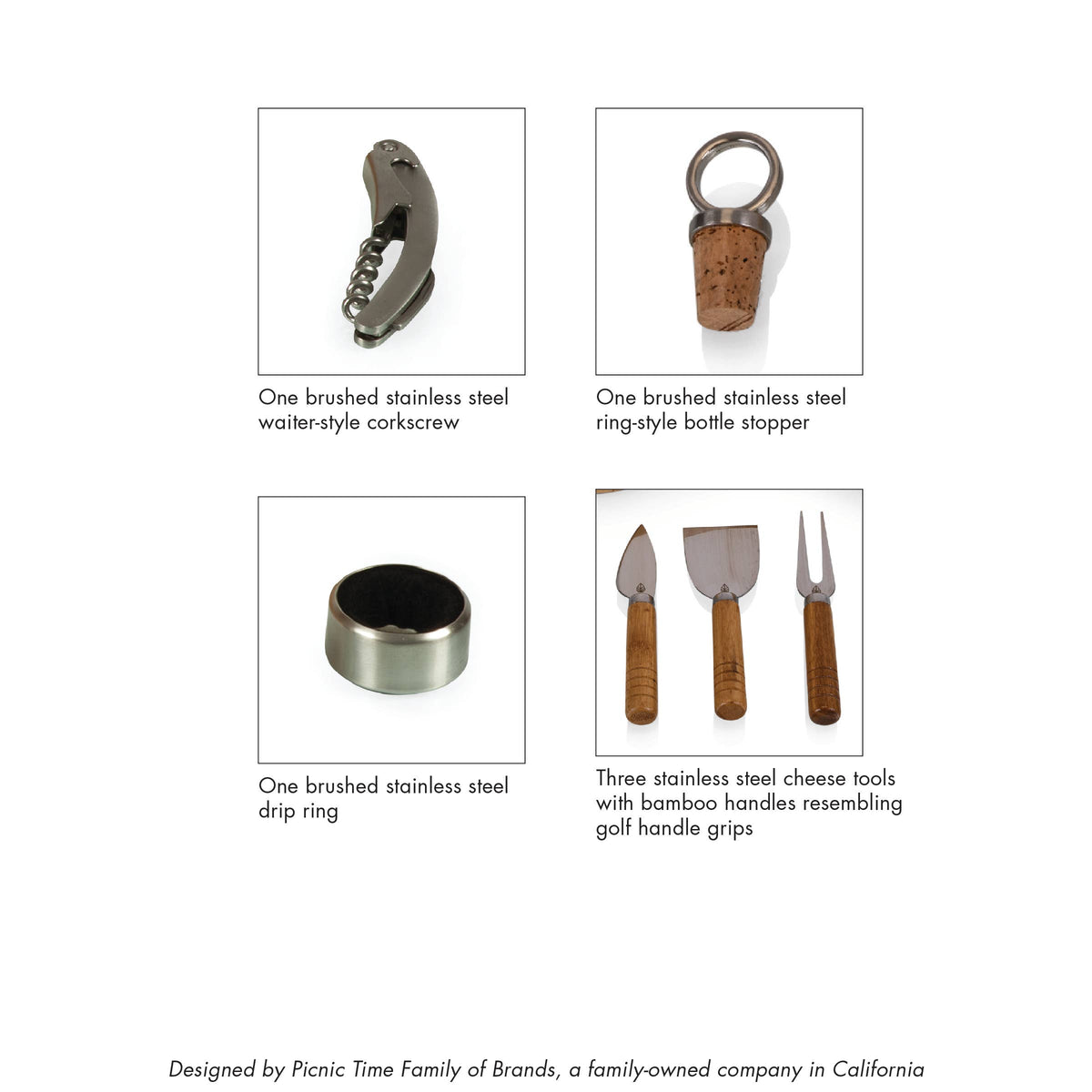 Six stainless steel and bamboo golf-themed cheese tools: waiter corkscrew, cork bottle stopper, drip ring, and three cheese utensils with bamboo grips designed as golf club handles