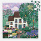 Jigsaw puzzle depicting cream cottage with brown roof nestled in lush garden, colorful blooms and climbing vines, loose pieces scattered
