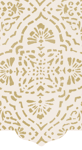 Cream guest towel with gold geometric fan and scroll pattern, scalloped edge