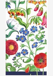 White paper guest towel with botanical print: red poppies, blue flowers, pink buds, and green leaves on white ground, navy trim.