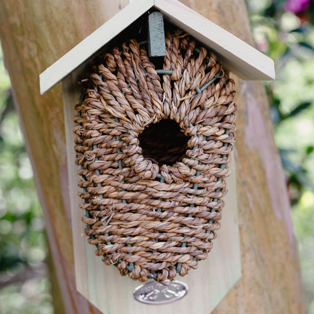 Seagrass nesting pocket with white wood roof and backing board mounted on wooden pole, featuring woven natural fiber chamber with dark entrance hole